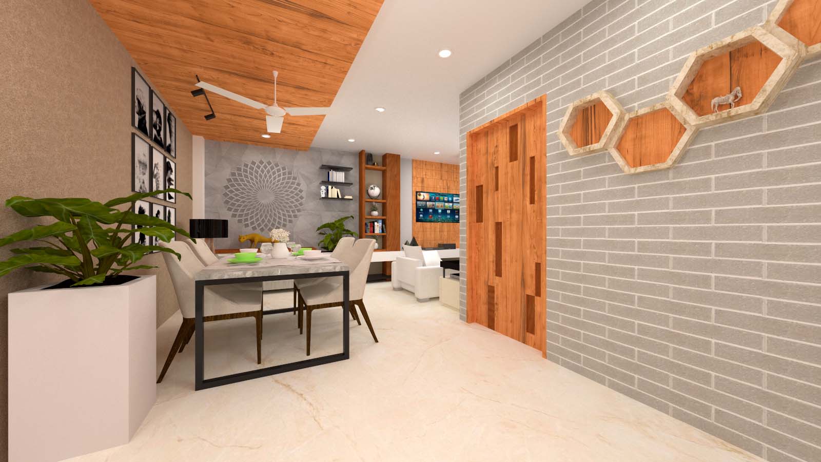 Living cum Dining Area with Brick Wall